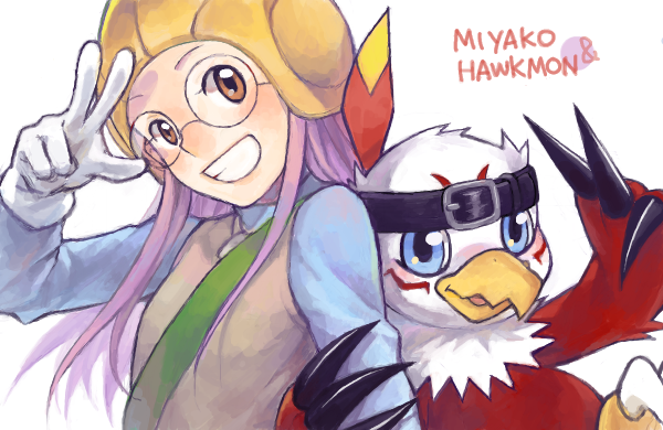 inoue miyako and hawkmon (digimon and 1 more) drawn by ayame_(artist)