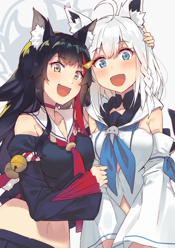 shirakami fubuki and ookami mio (hololive) drawn by tonarikeru