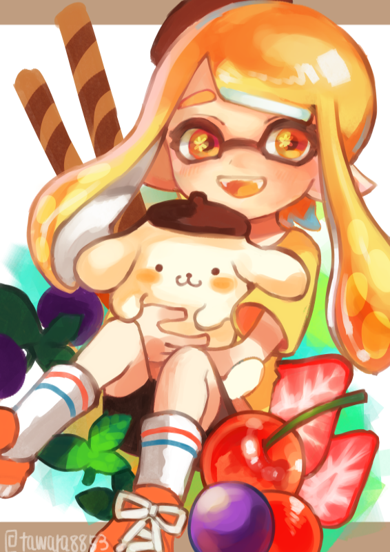 inkling player character, inkling girl, and pompompurin (splatoon and 1 more) drawn by tawara8853