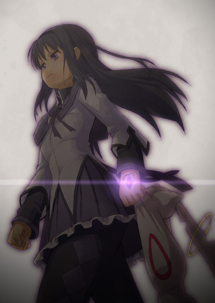 akemi homura and kyubey (mahou shoujo madoka magica) drawn by yuuji_(and)