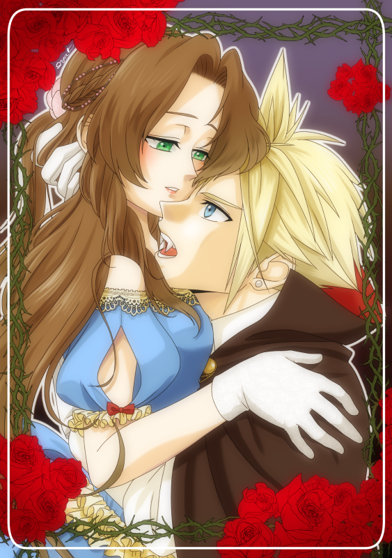 cloud strife and aerith gainsborough (final fantasy and 2 more) drawn by kirishima_saya