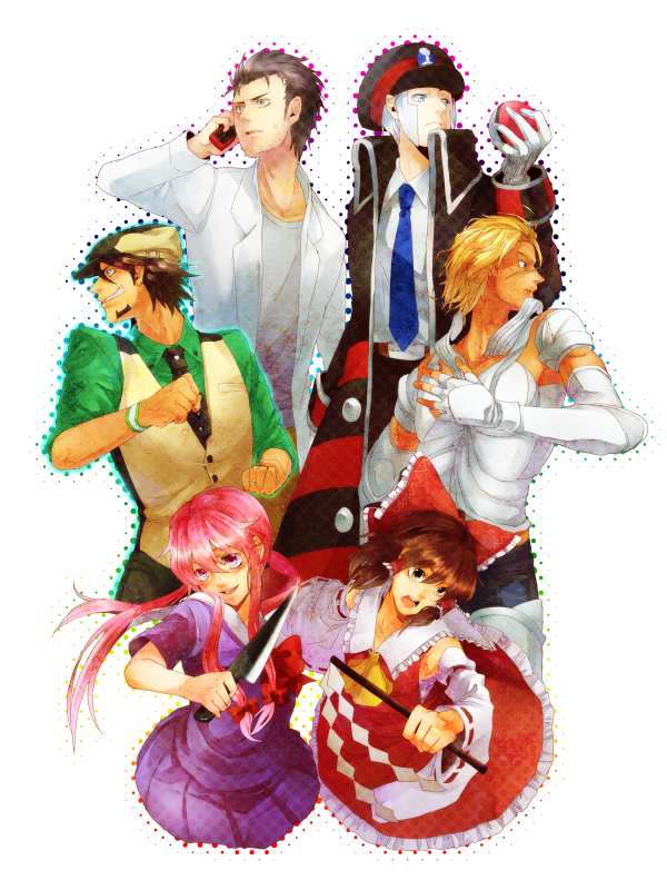 hakurei reimu, kaburagi t. kotetsu, ingo, okabe rintarou, gasai yuno, and 1 more (touhou and 6 more) drawn by ruchi