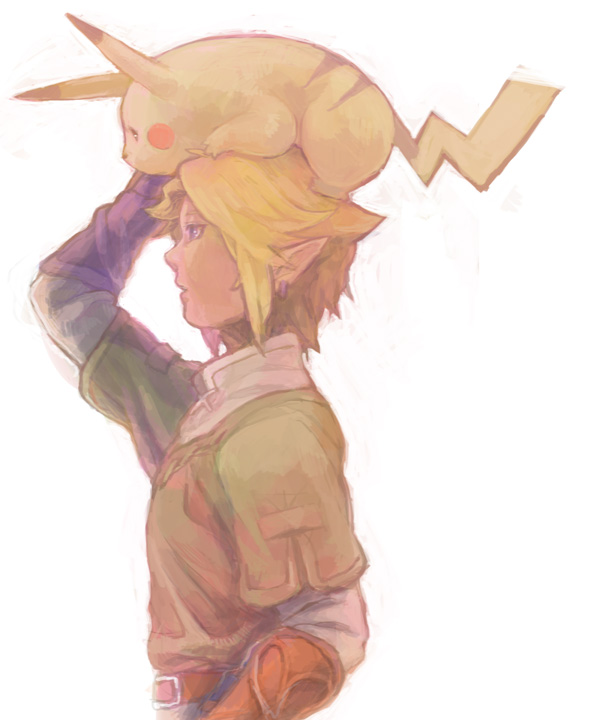 link and pikachu (pokemon and 3 more) drawn by yo_mo