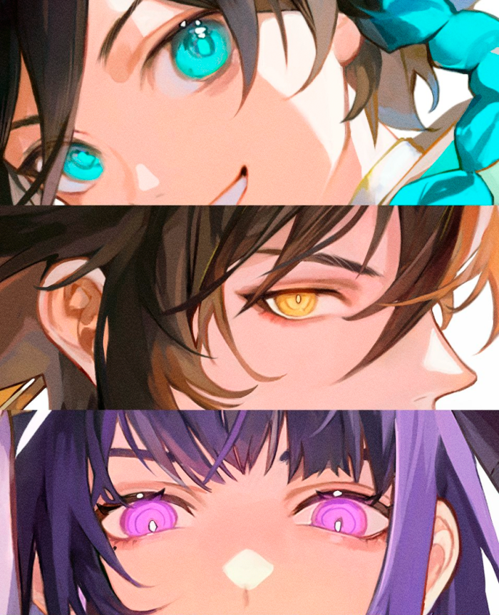 raiden shogun, zhongli, and venti (genshin impact) drawn by srro_yo