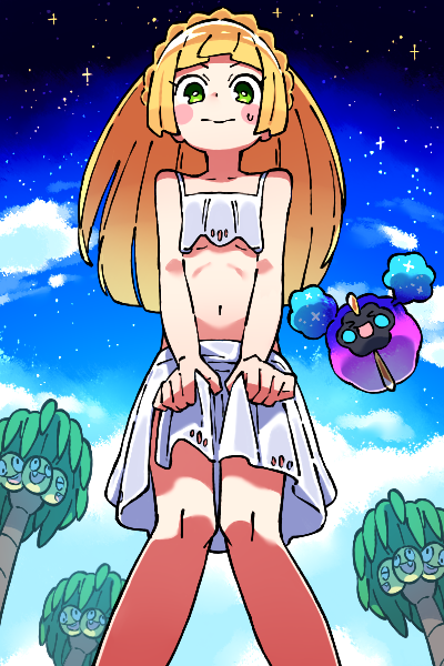 lillie, cosmog, and alolan exeggutor (pokemon and 1 more) drawn by wakuma_bisuke