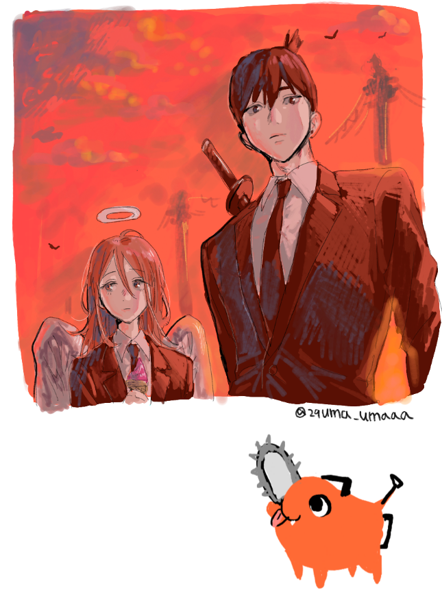 hayakawa aki, pochita, and angel devil (chainsaw man) drawn by sukuyo_onaka