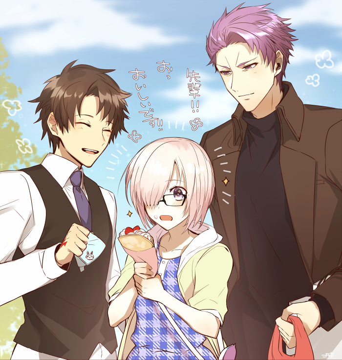 mash kyrielight, fujimaru ritsuka, and lancelot (fate and 1 more) drawn by nitaka_(fujikichi)