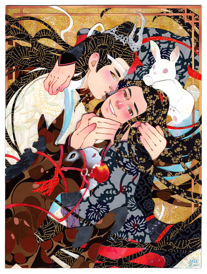 wei wuxian, lan wangji, sean xiao, and wang yibo (modao zushi and 2 more) drawn by yutaan