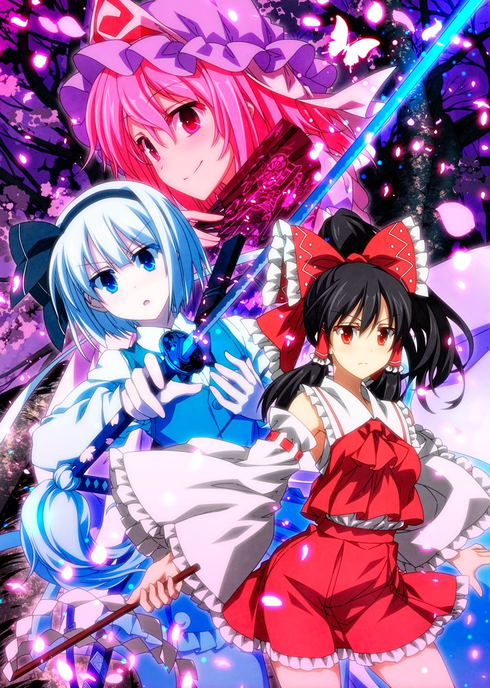 hakurei reimu, konpaku youmu, and saigyouji yuyuko (touhou) drawn by sazanami_mio