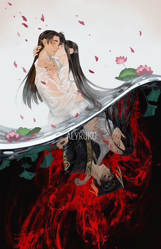 chu wanning, mo ran, and taxian-jun (erha he tadebai mao shizun) drawn by alyruko