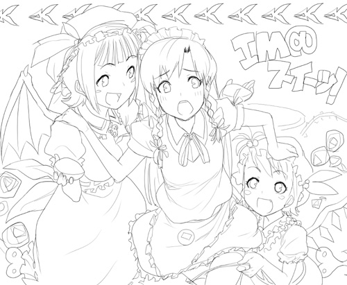 remilia scarlet, flandre scarlet, izayoi sakuya, kisaragi chihaya, takatsuki yayoi, and 1 more (touhou and 2 more) drawn by haruno_shuu
