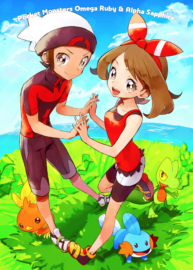 may, brendan, torchic, mudkip, and treecko (pokemon and 1 more) drawn by kurochiroko
