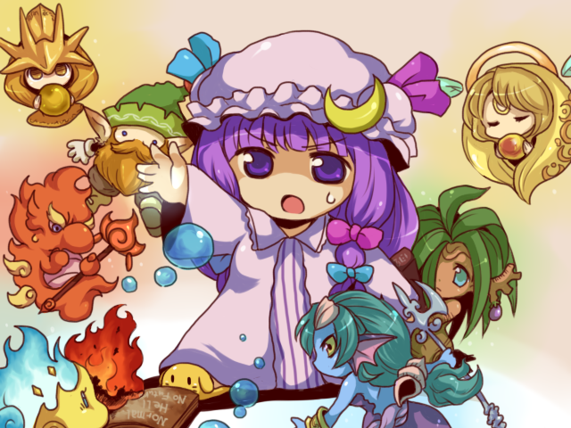 patchouli knowledge, rabite, undine, dryad, will-o'-wisp, and 4 more (touhou and 1 more) drawn by toto_(hitori_othello)