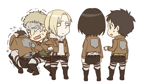 mikasa ackerman, eren yeager, reiner braun, annie leonhart, and bertolt hoover (shingeki no kyojin) drawn by natuichi-7212