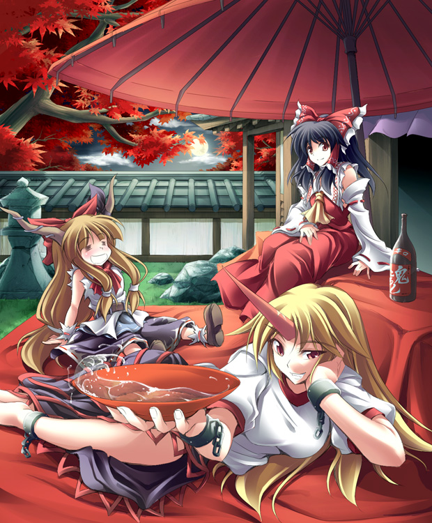 hakurei reimu, ibuki suika, and hoshiguma yuugi (touhou) drawn by fuyuwa_kotatsu