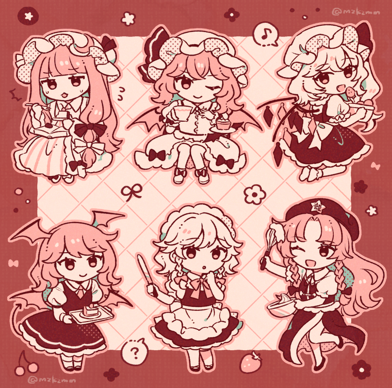 remilia scarlet, flandre scarlet, izayoi sakuya, patchouli knowledge, hong meiling, and 1 more (touhou) drawn by mozukuzu_(manukedori)