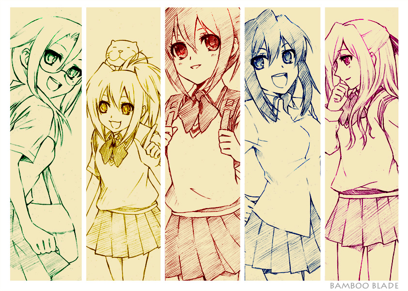 kawazoe tamaki, chiba kirino, kuwahara sayako, miyazaki miyako, and azuma satori (bamboo blade) drawn by hijiki_(hijikini)