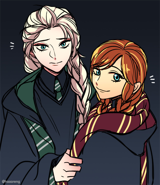 elsa and anna (wizarding world and 2 more) drawn by hooreng