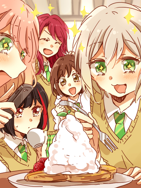 mitake ran, aoba moca, uehara himari, udagawa tomoe, and hazawa tsugumi (bang dream!) drawn by zawameki