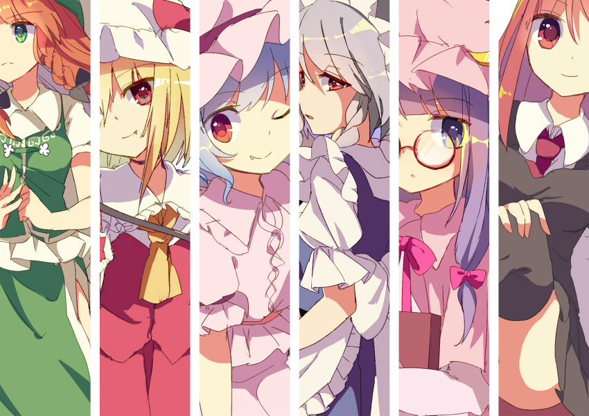 remilia scarlet, flandre scarlet, izayoi sakuya, patchouli knowledge, hong meiling, and 1 more (touhou and 1 more) drawn by busujima_(kusahana)