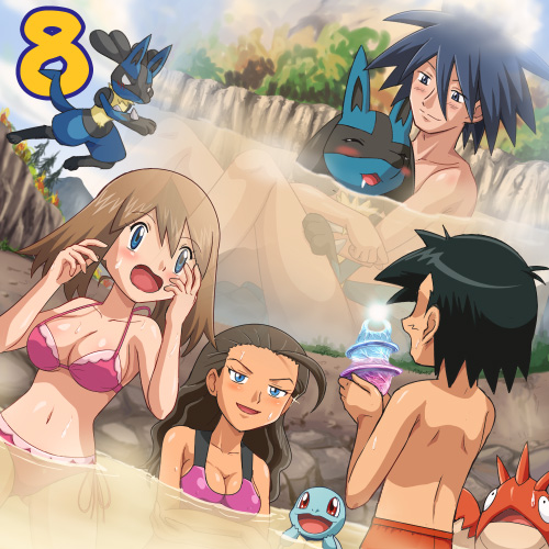 may, ash ketchum, lucario, squirtle, corphish, and 2 more (pokemon and 2 more) drawn by pokemoa