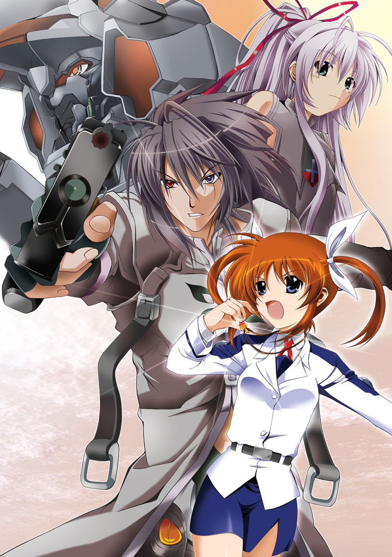 takamachi nanoha, raising heart, al azif, daijuuji kurou, and demonbane (lyrical nanoha and 3 more) drawn by kagura_yuuto