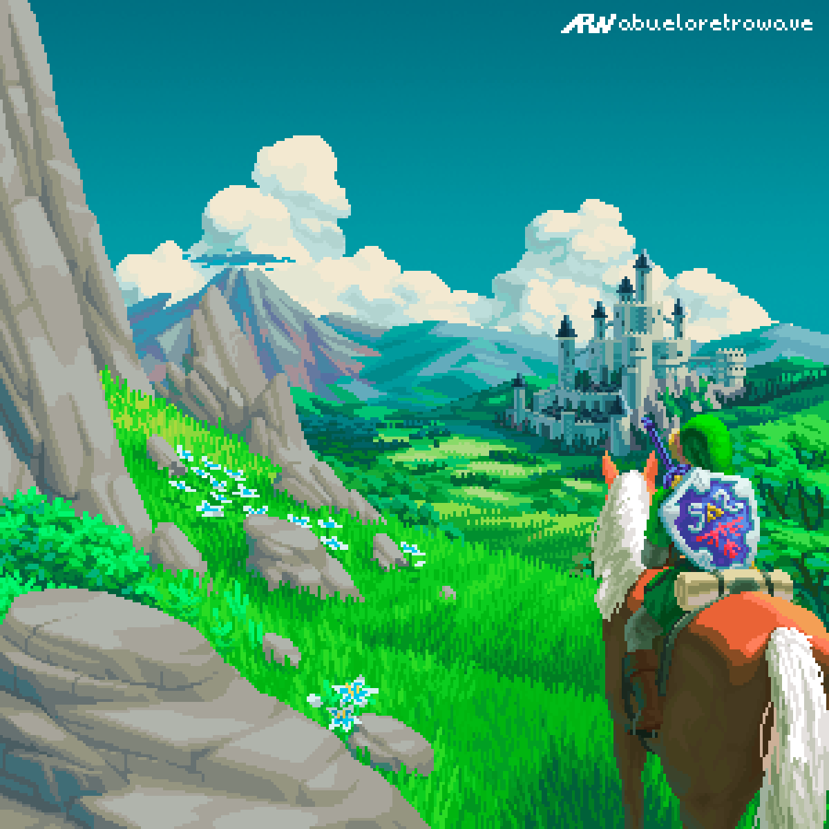 link and epona (the legend of zelda and 1 more) drawn by abueloretrowave