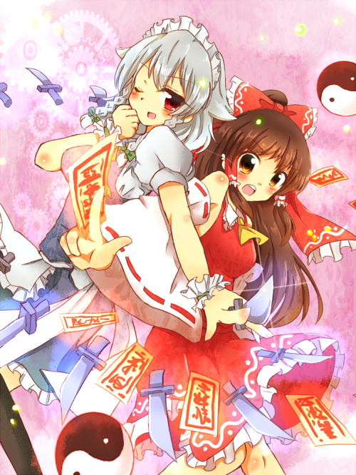 hakurei reimu and izayoi sakuya (touhou) drawn by tanikake_yoku