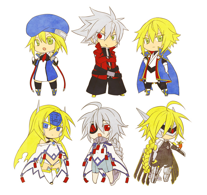 noel vermillion, ragna the bloodedge, nu-13, jin kisaragi, lambda-11, and 1 more (blazblue) drawn by haruno_(toddy)
