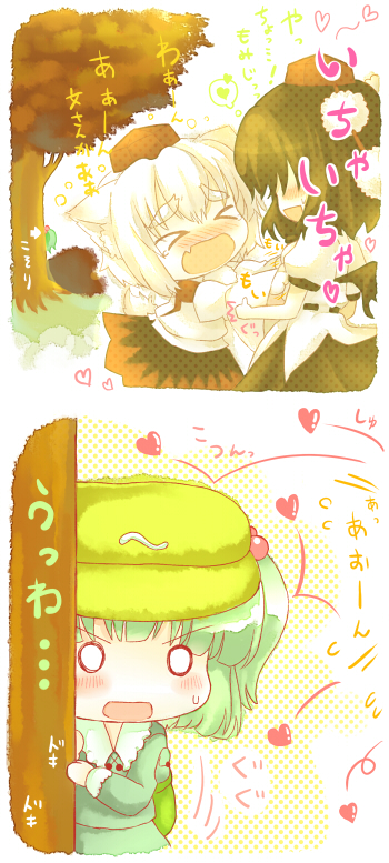 shameimaru aya, inubashiri momiji, and kawashiro nitori (touhou) drawn by 23_(candy_chapus)