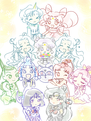 chibi usa, tomoe hotaru, sailor saturn, meiou setsuna, sailor pluto, and 8 more (bishoujo senshi sailor moon and 3 more) drawn by kuma-hacchi