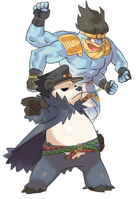 kujo jotaro, star platinum, machamp, and pangoro (pokemon and 1 more) drawn by darehound