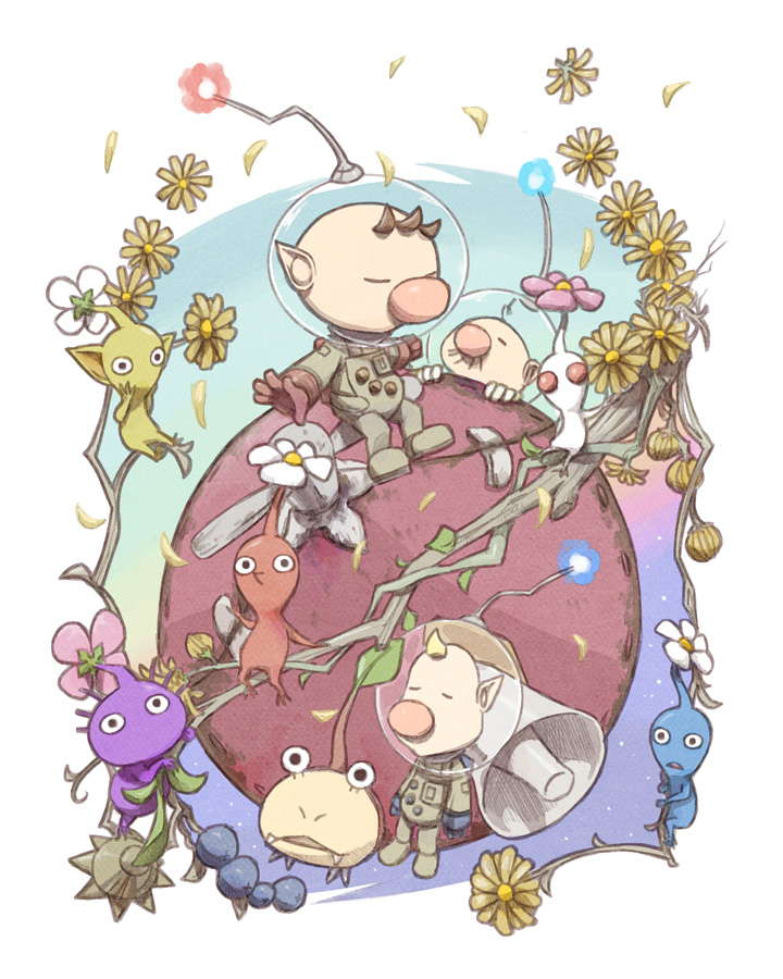 red pikmin, olimar, yellow pikmin, blue pikmin, purple pikmin, and 5 more (pikmin and 1 more) drawn by naru_(wish_field)