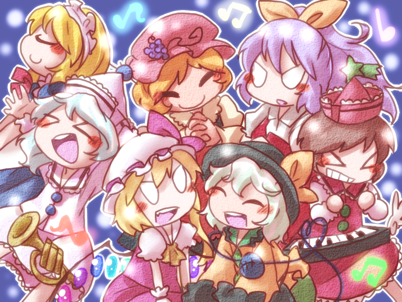 flandre scarlet, komeiji koishi, aki minoriko, merlin prismriver, lyrica prismriver, and 2 more (touhou) drawn by sizma