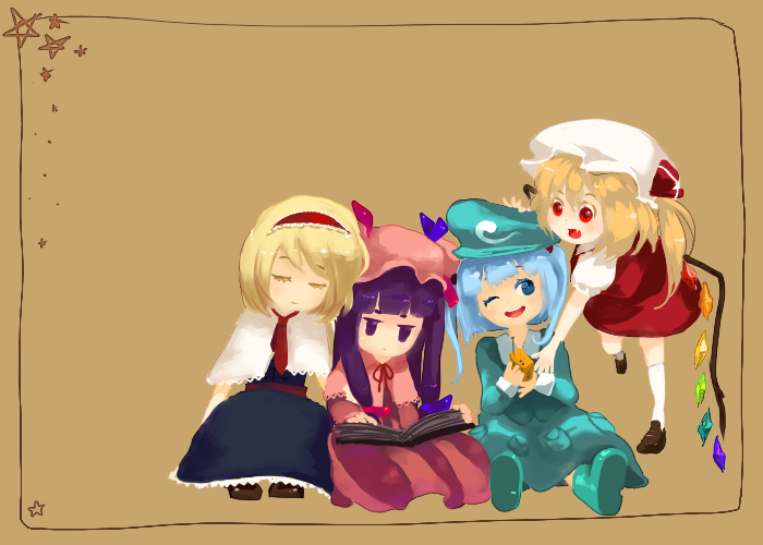 flandre scarlet, alice margatroid, patchouli knowledge, and kawashiro nitori (touhou) drawn by hachimillion