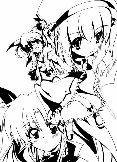 fate testarossa, takamachi nanoha, yagami hayate, and raising heart (lyrical nanoha and 2 more) drawn by rikuto