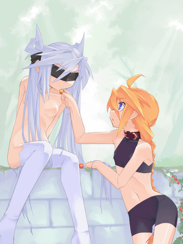 girl with a blonde braid and mof's silver haired twintailed girl (original) drawn by mof
