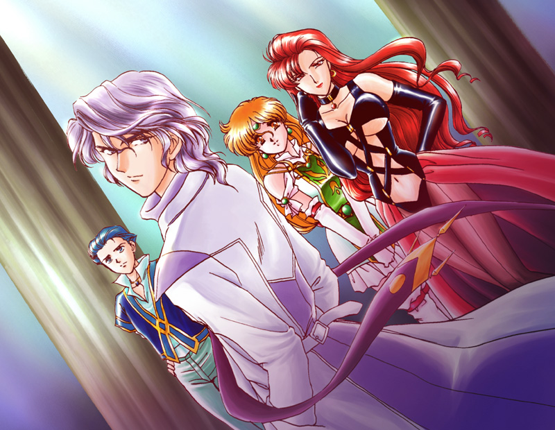 shuu shirakawa, monica grania bilseia, saphine grace, and terius grania bilseia (super robot wars and 1 more) drawn by arumacchi