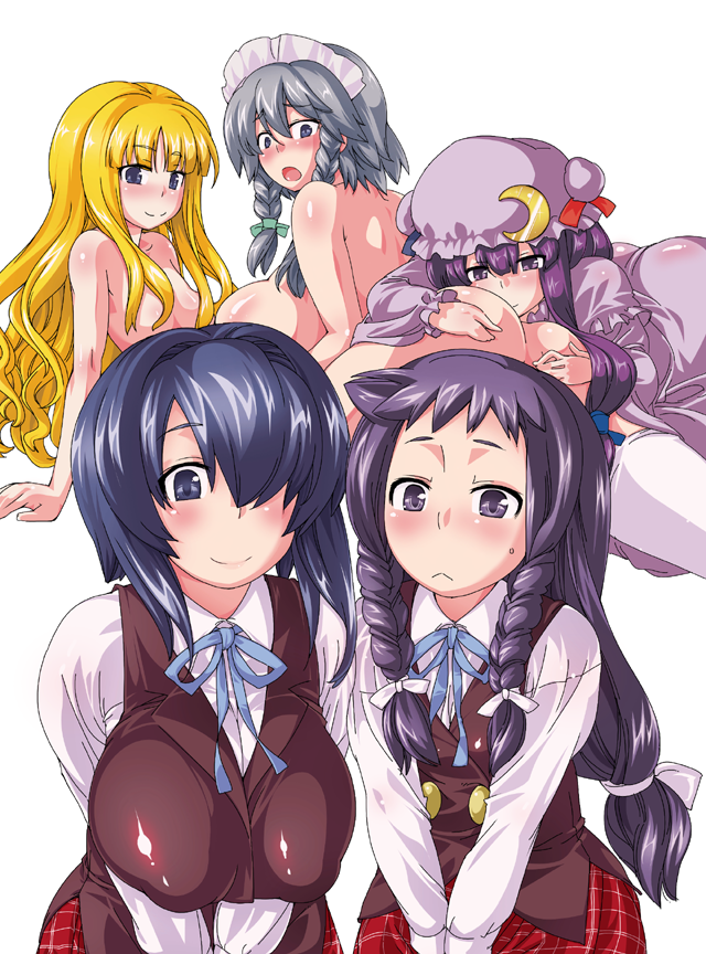 izayoi sakuya, patchouli knowledge, evangeline a.k. mcdowell, miyazaki nodoka, and ayase yue (touhou and 1 more) drawn by kurorin