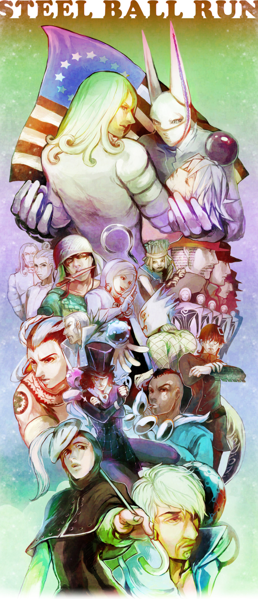 diego brando, scary monsters, funny valentine, lucy steel, dirty deeds done dirt cheap, and 16 more (jojo no kimyou na bouken and 1 more) drawn by iu