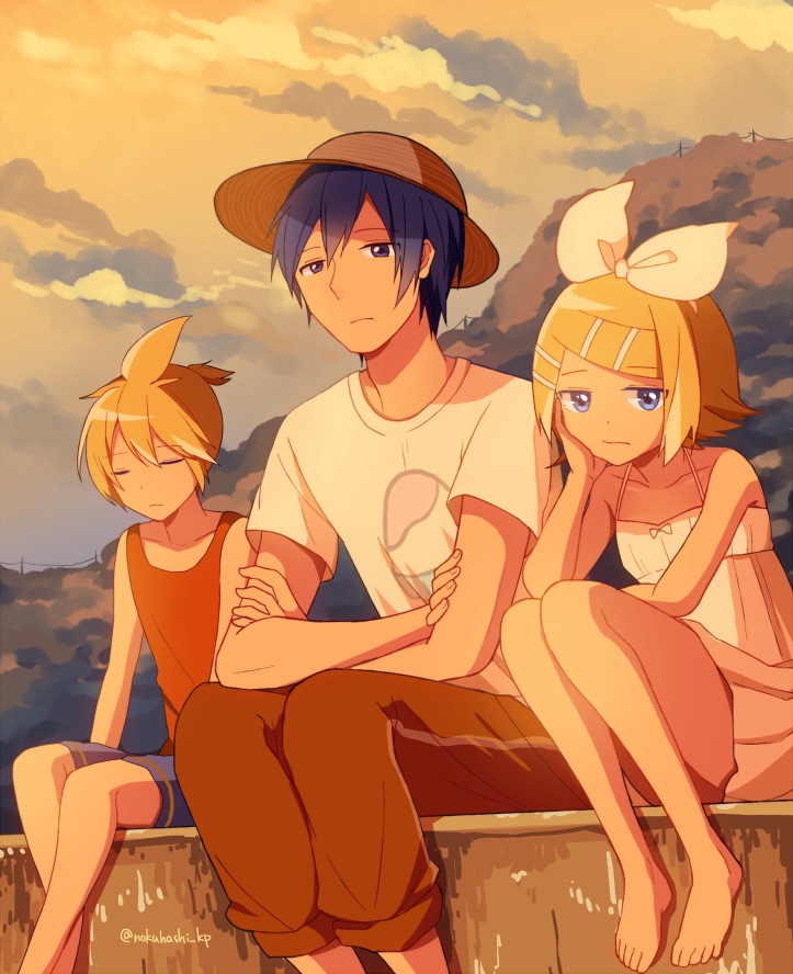 kagamine rin, kagamine len, and kaito (vocaloid) drawn by nokuhashi