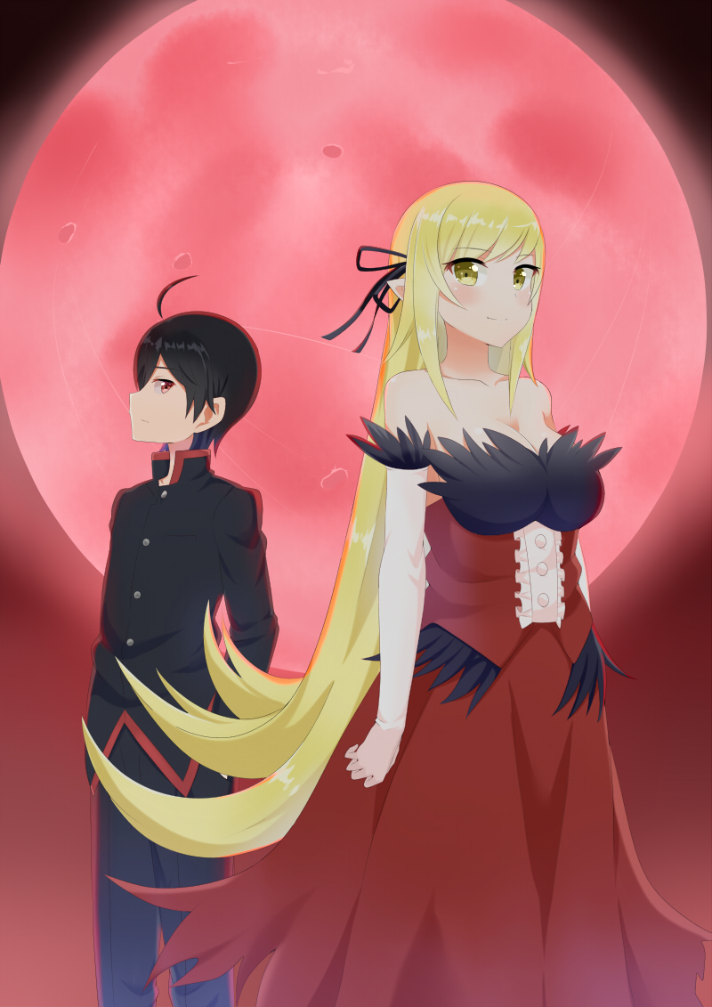 oshino shinobu, araragi koyomi, and kiss-shot acerola-orion heart-under-blade (monogatari and 1 more) drawn by yamae_saki