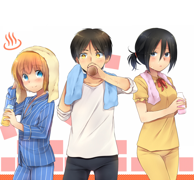 mikasa ackerman, eren yeager, and armin arlert (shingeki no kyojin) drawn by marimo_danshaku