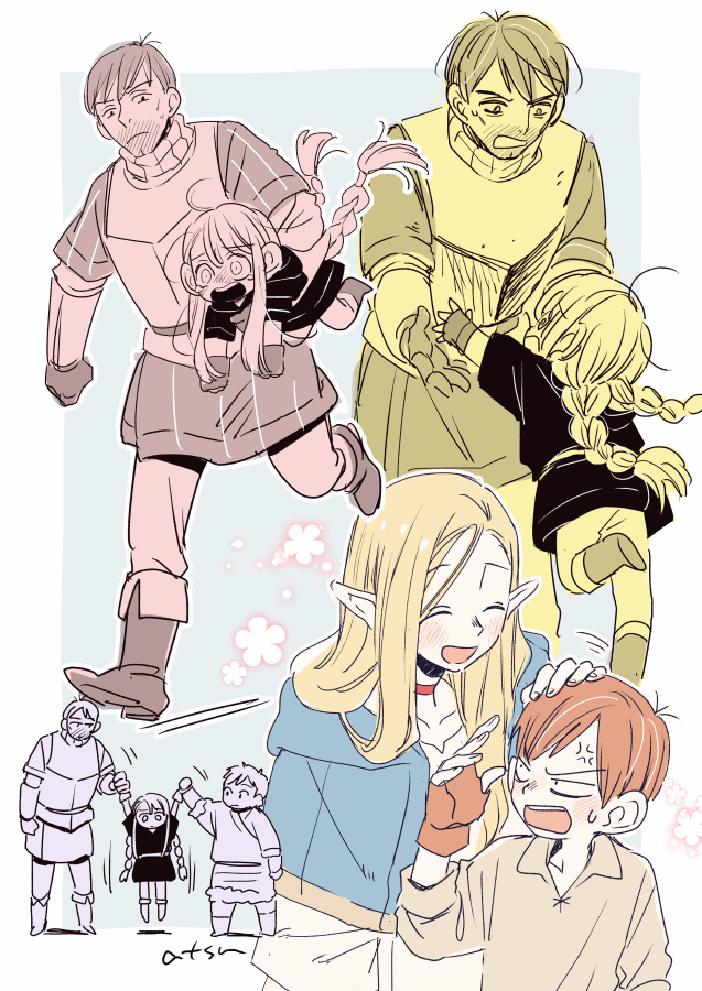 marcille donato, laios touden, and chilchuck tims (dungeon meshi) drawn by katagiri_atsuko
