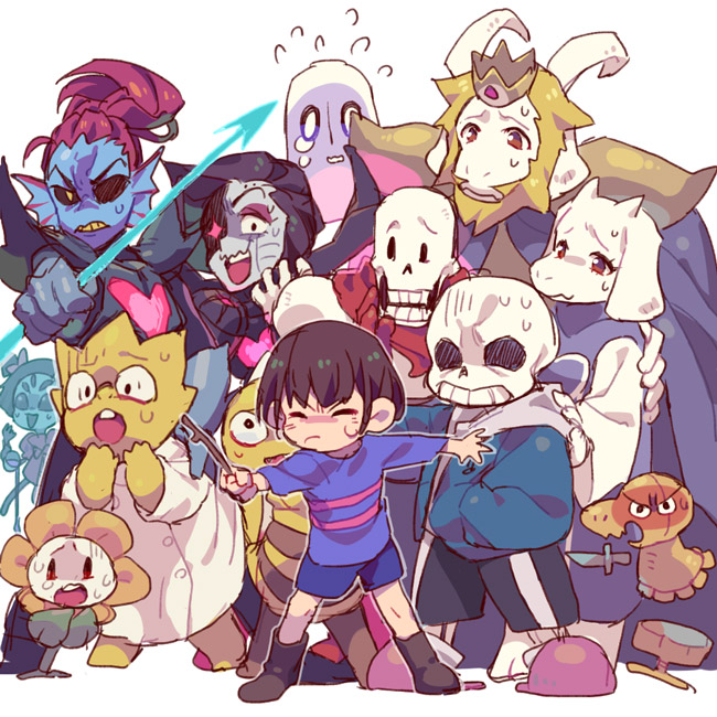 frisk, sans, undyne, papyrus, toriel, and 9 more (undertale) drawn by tenya_mizuki
