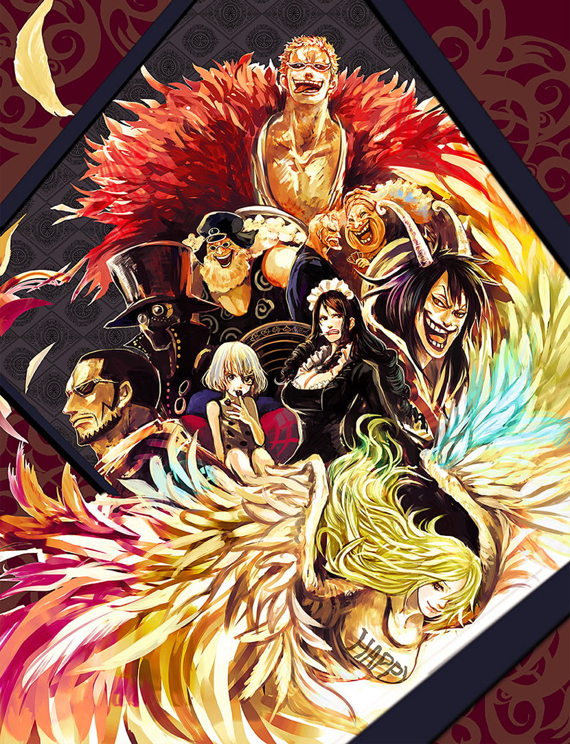 donquixote doflamingo, baby 5, monet, sugar, caesar clown, and 5 more (one piece) drawn by tsuyomaru