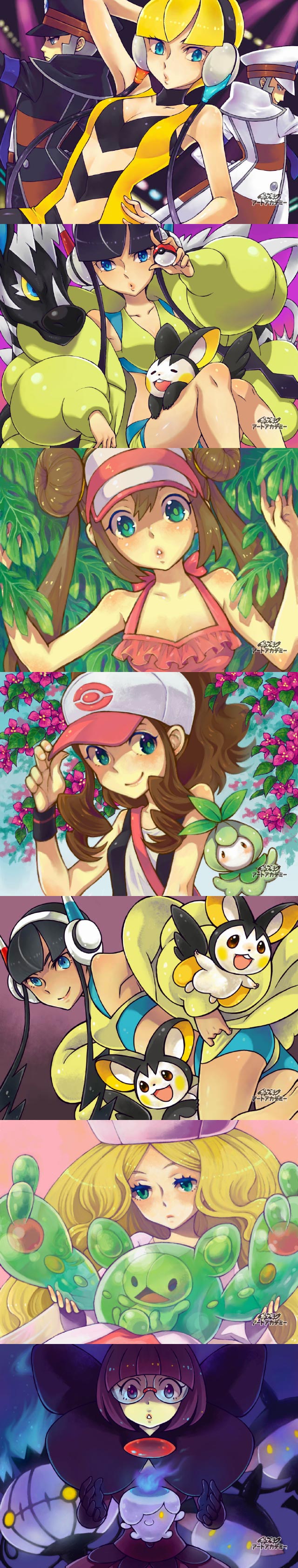 rosa, hilda, elesa, ingo, litwick, and 9 more (pokemon and 2 more) drawn by saikachi_(ogre_tree)