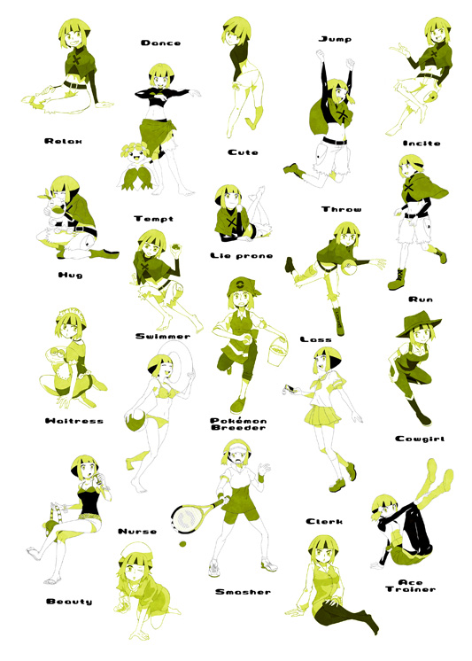 turtwig, gardenia, lass, bellossom, swimmer, and 8 more (pokemon and 3 more) drawn by matsumoto_waka