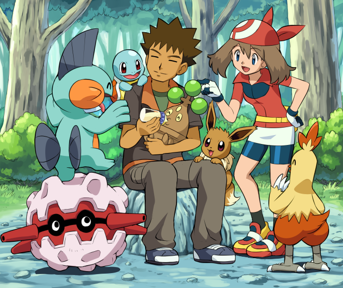 may, eevee, squirtle, brock, marshtomp, and 3 more (pokemon and 1 more) drawn by pokemoa