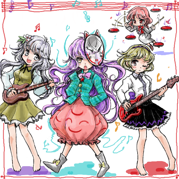 hata no kokoro, horikawa raiko, tsukumo benben, and tsukumo yatsuhashi (touhou) drawn by nanashii_(soregasisan)